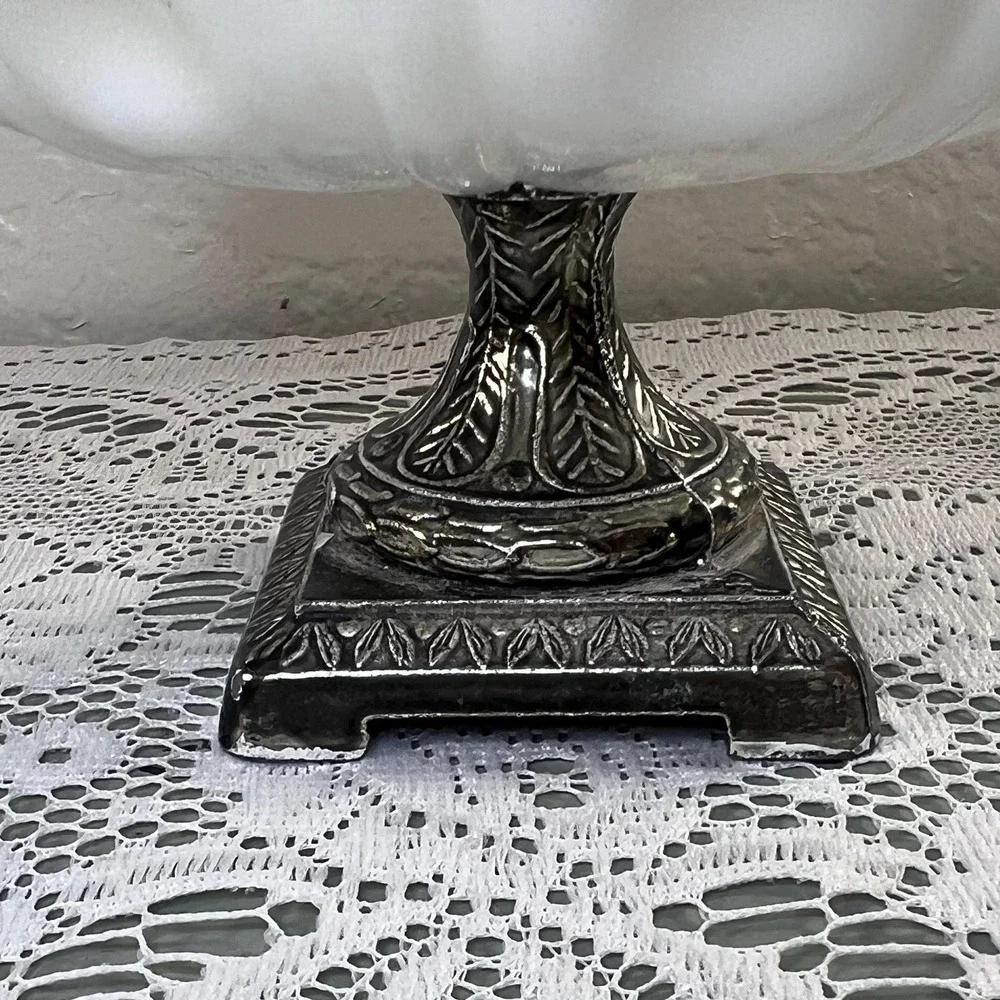 Vintage pedestal dish white glass metal footed soap trinket tray